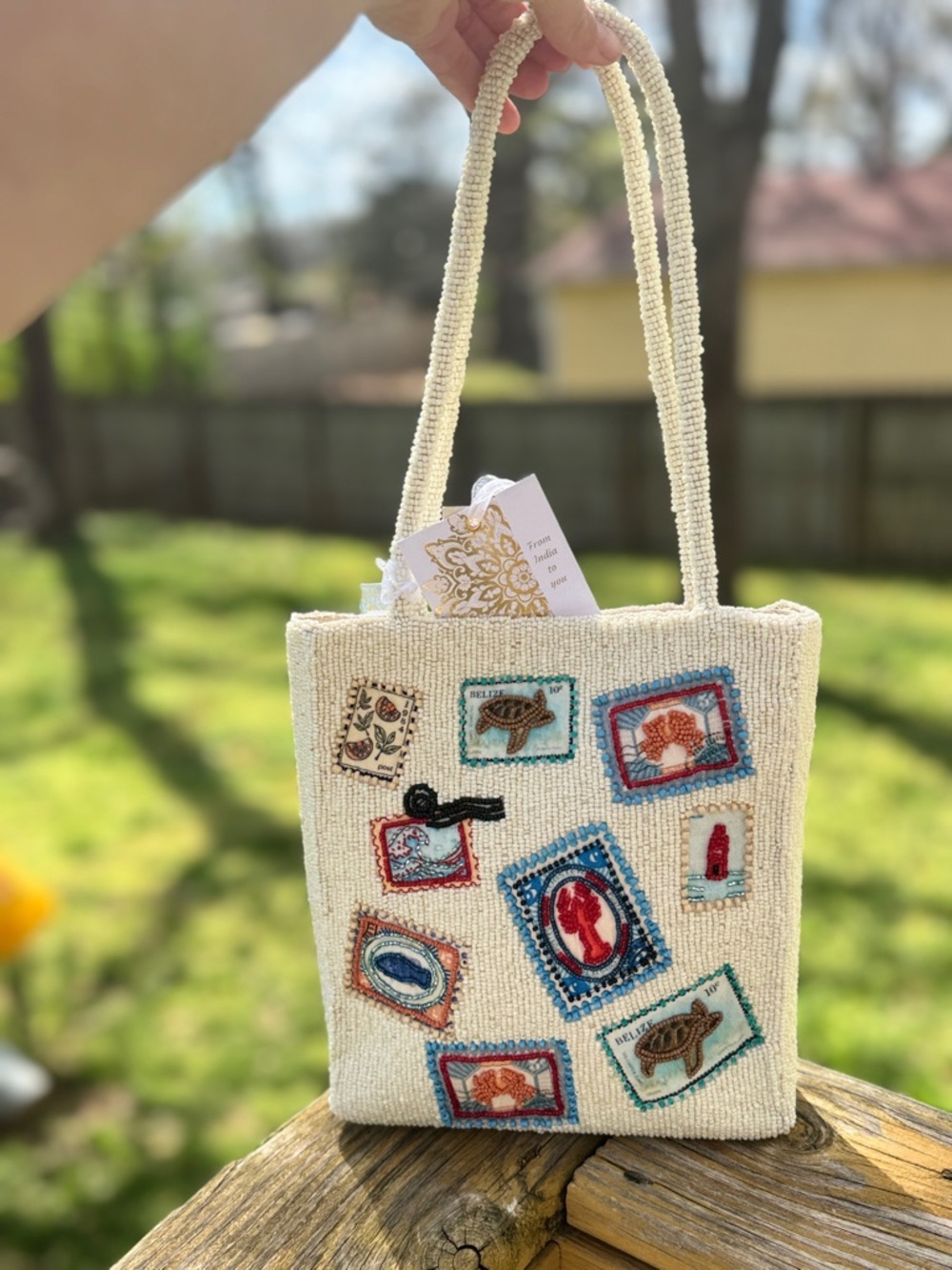 Beaded Stamp Shoulder Bag with Multicolor Embroidered Patches NWT